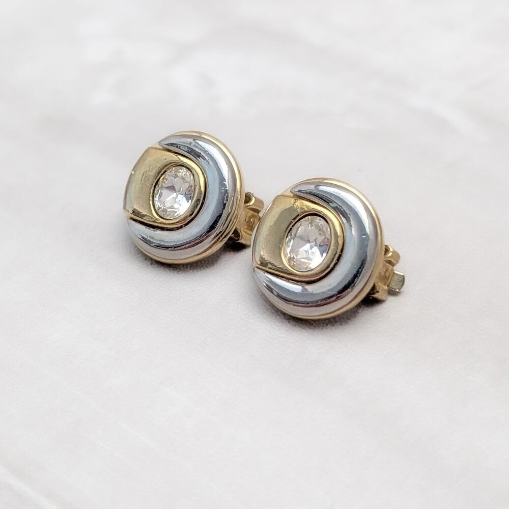 Vintage Clip On Earrings Oval Gold Tone & Silver Tone with Clear Center Gem